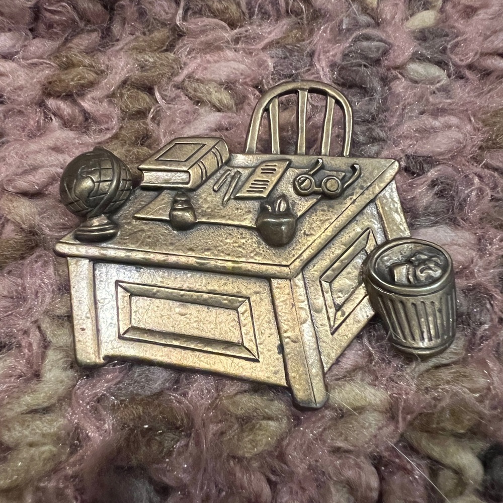 Vintage Jonette Jewelry, gold tone broach/pin, teacher desk/office theme